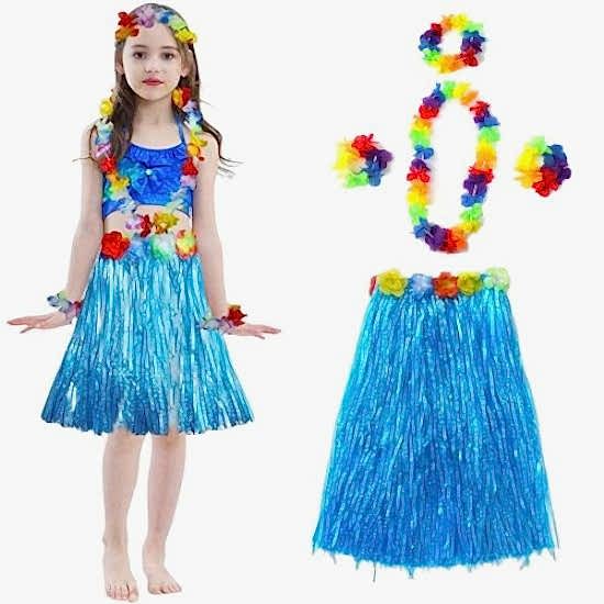 Yetişkin ve Çocuk Uyumlu Hawaii Luau Aloha Mavi Püsküllü Etek Kolye Taç ve 2 Adet Bileklik Seti