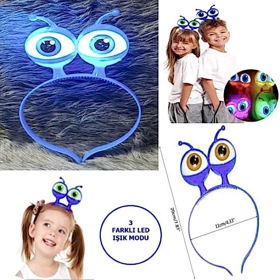 Led Işıklı & Pilli Uzaylı Göz Parti Tacı Mavi Renk