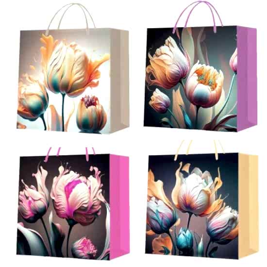 Büyük Boy Lale Desenli Karton Hediye Çantası