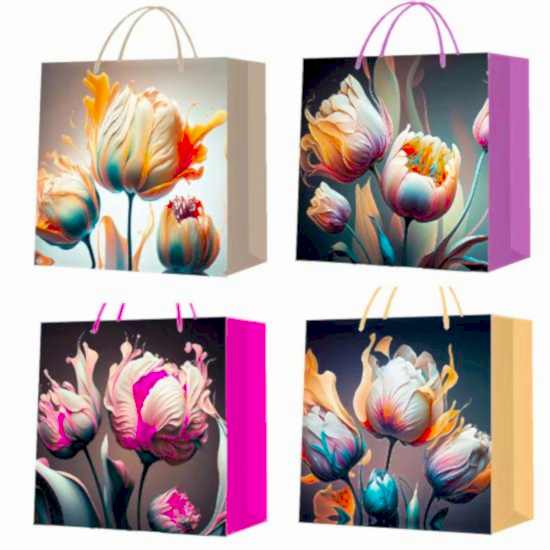 Küçük Boy Lale Desenli Karton Hediye Çantası